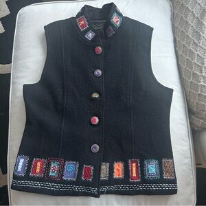 Icelandic Design Wool Vest Womens Medium Black Embroidered Lined Nordic Boho